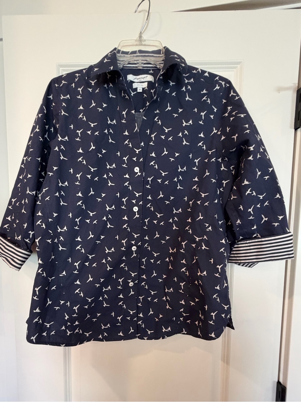 Foxcroft Navy Blue Button-Down Shirt with White Bird Motif